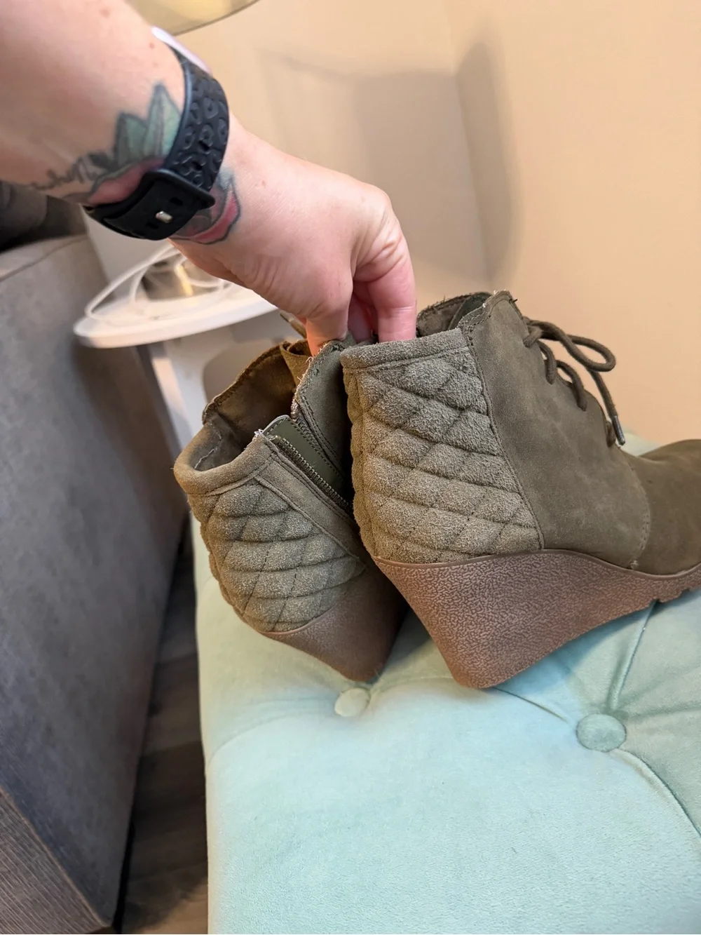 MIA Olive Green Suede Quilted Wedge Ankle Boots